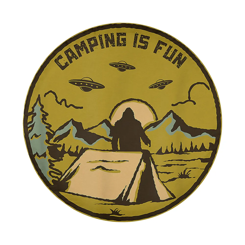ufo bigfoot camping is fun spare tire cover retro design illustration