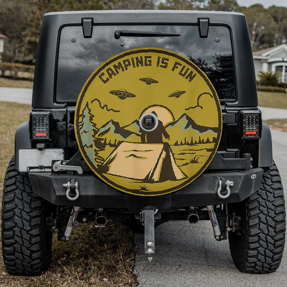ufo bigfoot camping is fun spare tire cover with camera hole for Jeep Bronco