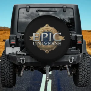 Universal Epic Universe logo with gold compass ring on spare tire cover for G-Wagon