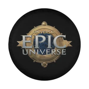 Gold compass ring Universal Epic Universe logo design for spare tire cover