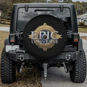 Spare tire cover with gold compass ring Universal Epic Universe logo and camera hole