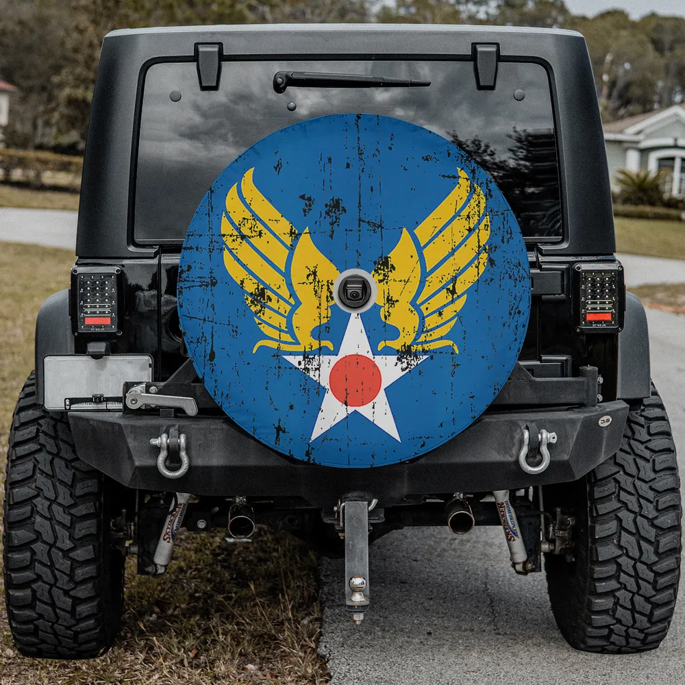 Distressed golden wings star US Army Air Force vintage spare tire cover with camera hole for Mercedes G-Wagon