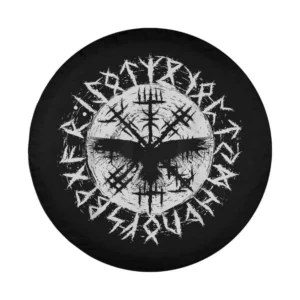 Closeup of Vegvisir Odin raven Norse runes design on spare tire cover