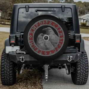 Mercedes G-Class spare tire cover featuring Vegvisir runes and Odin's ravens, with backup camera hole