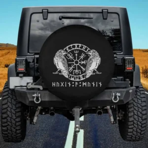 Viking Vegvisir symbol with Hugin and Munin ravens Odin runes spare tire cover no camera hole