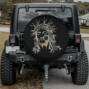 Vintage camo Jesus silhouette crown thorns camouflage spare tire cover with camera hole