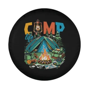 Vintage camper tent campfire camping scene illustration for spare tire cover