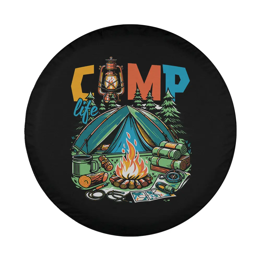 Vintage camper tent campfire camping scene illustration for spare tire cover
