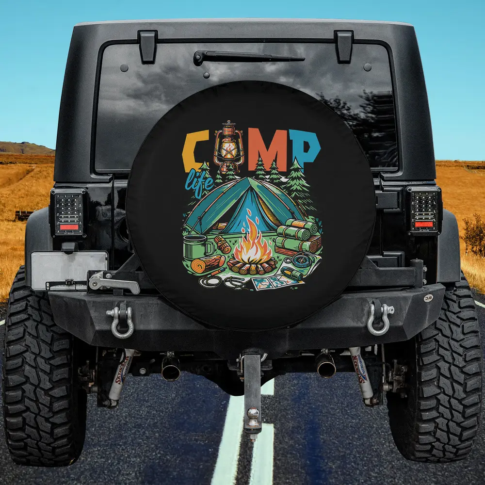 Vintage camper tent campfire camping scene spare tire cover with no camera hole