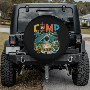 Vintage camper tent campfire camping scene spare tire cover with backup camera hole