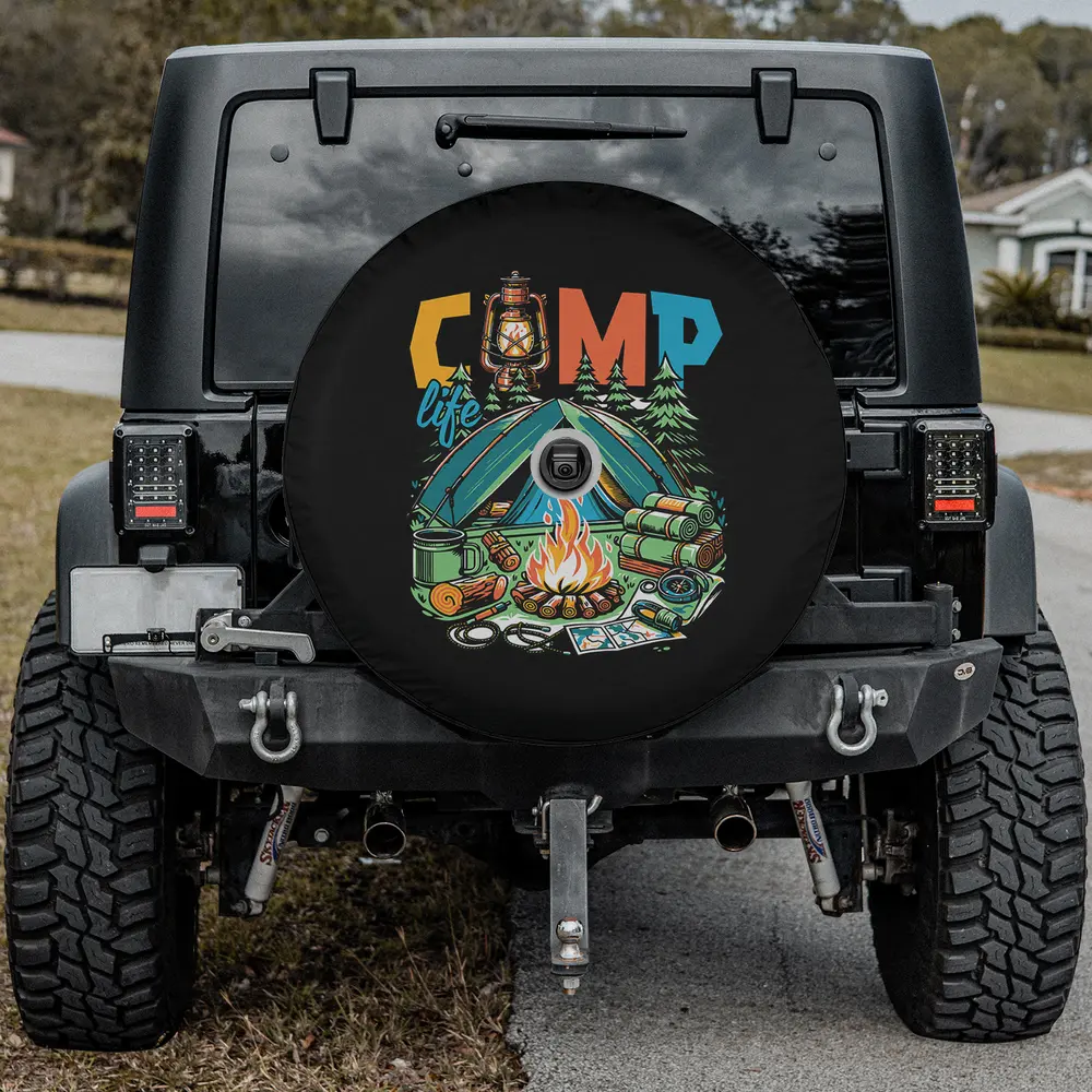 Vintage camper tent campfire camping scene spare tire cover with backup camera hole