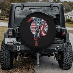 Vintage Captain America shield Americana spare tire cover with backup camera hole, Marvel style
