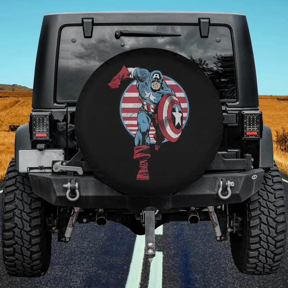 Vintage Captain America shield Americana spare tire cover on Jeep, Marvel patriotic design