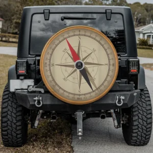 vintage compass tan gold camping spare tire cover with backup camera hole for Jeep