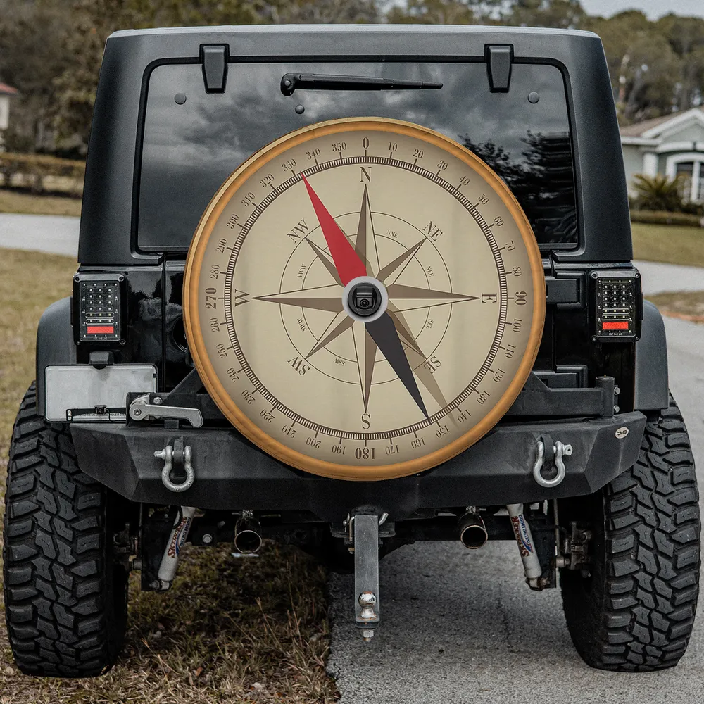 vintage compass tan gold camping spare tire cover with backup camera hole for Jeep