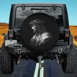 Vintage monochrome Jesus Christ with crown Christian faith spare tire cover no camera hole
