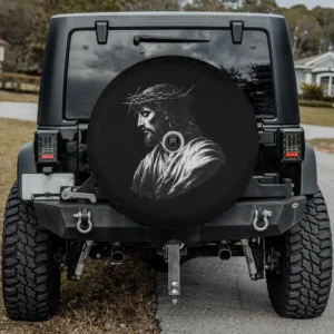 Vintage monochrome Jesus Christ with crown Christian faith spare tire cover with camera hole