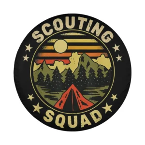 vintage scouts camping tent mountain scouting design closeup spare tire cover art