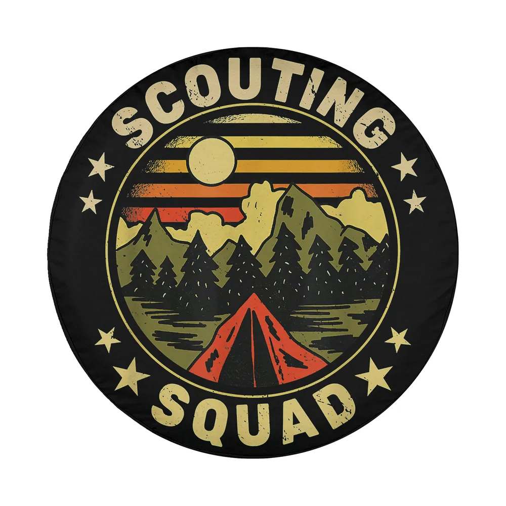 vintage scouts camping tent mountain scouting design closeup spare tire cover art
