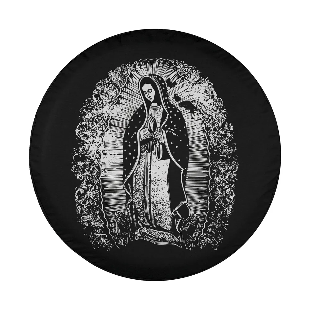 Minimalist floral Virgen de Guadalupe Mexican Catholic art design for spare tire cover