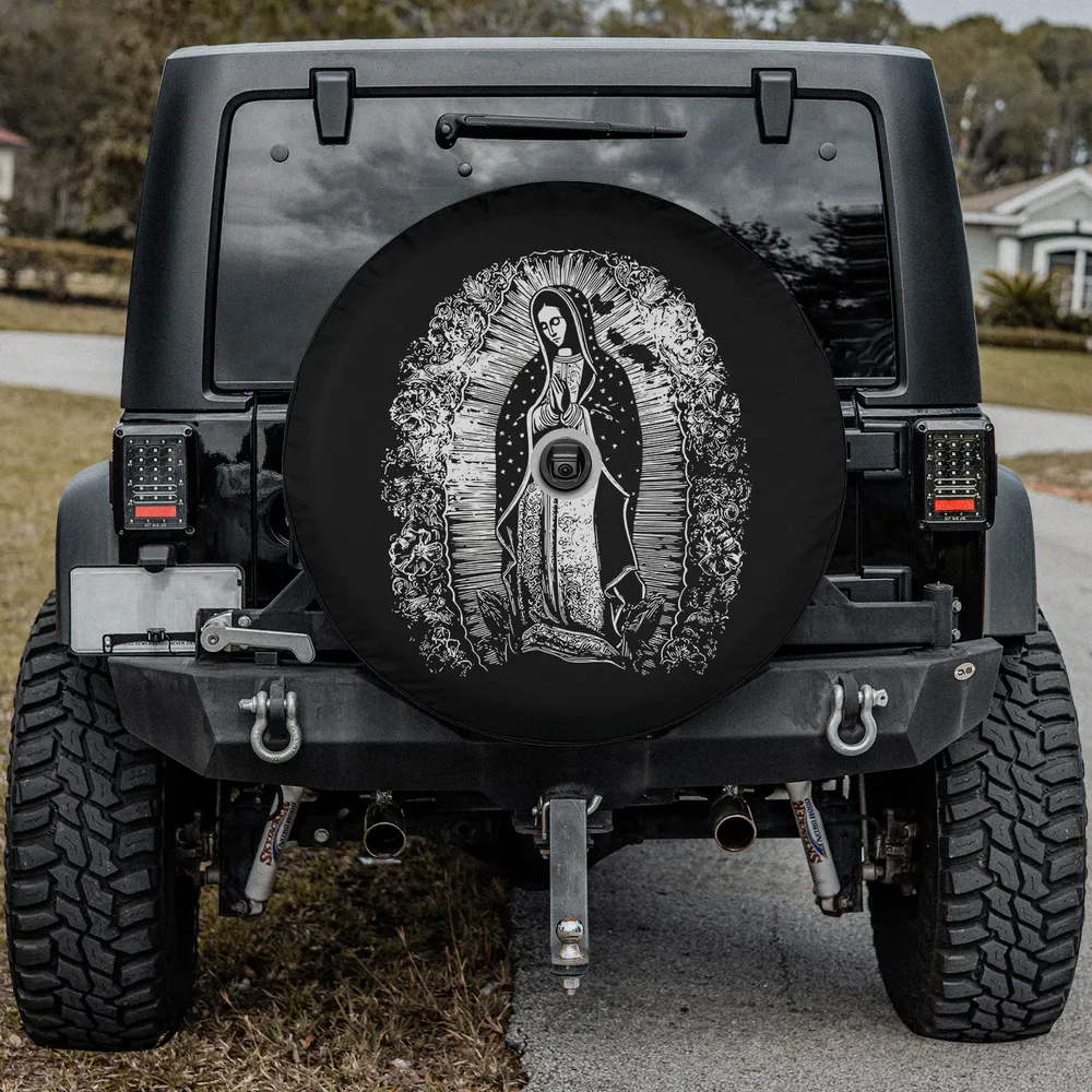 Minimalist floral Virgen de Guadalupe Mexican Catholic art spare tire cover with camera hole for Mercedes G-Wagon