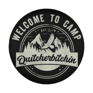 Vintage badge design with Welcome to Camp, mountains, eagle, and pine trees for spare tire cover