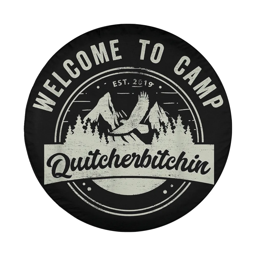 Vintage badge design with Welcome to Camp, mountains, eagle, and pine trees for spare tire cover