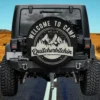 Welcome to Camp spare tire cover with mountain and eagle design for camping vehicles, no camera hole