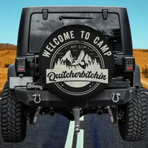 Welcome to Camp spare tire cover with mountain and eagle design for camping vehicles, no camera hole