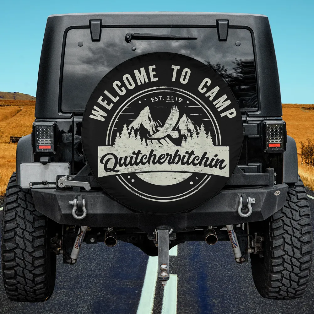Welcome to Camp spare tire cover with mountain and eagle design for camping vehicles, no camera hole