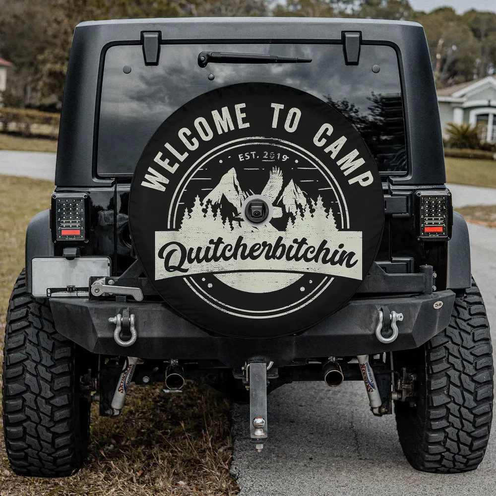 Welcome to Camp mountain eagle camping spare tire cover for Jeep and RV with backup camera hole