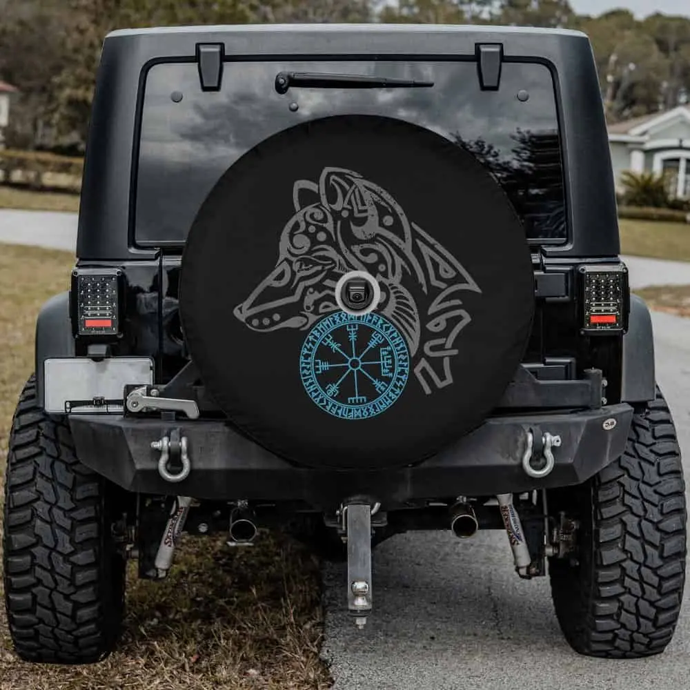 Wolf head Odin runes Nordic compass Viking spare tire cover for Mercedes G-Wagon, with camera hole
