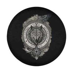 Wolf of Odin Viking design with raven and Nordic compass for spare tire cover