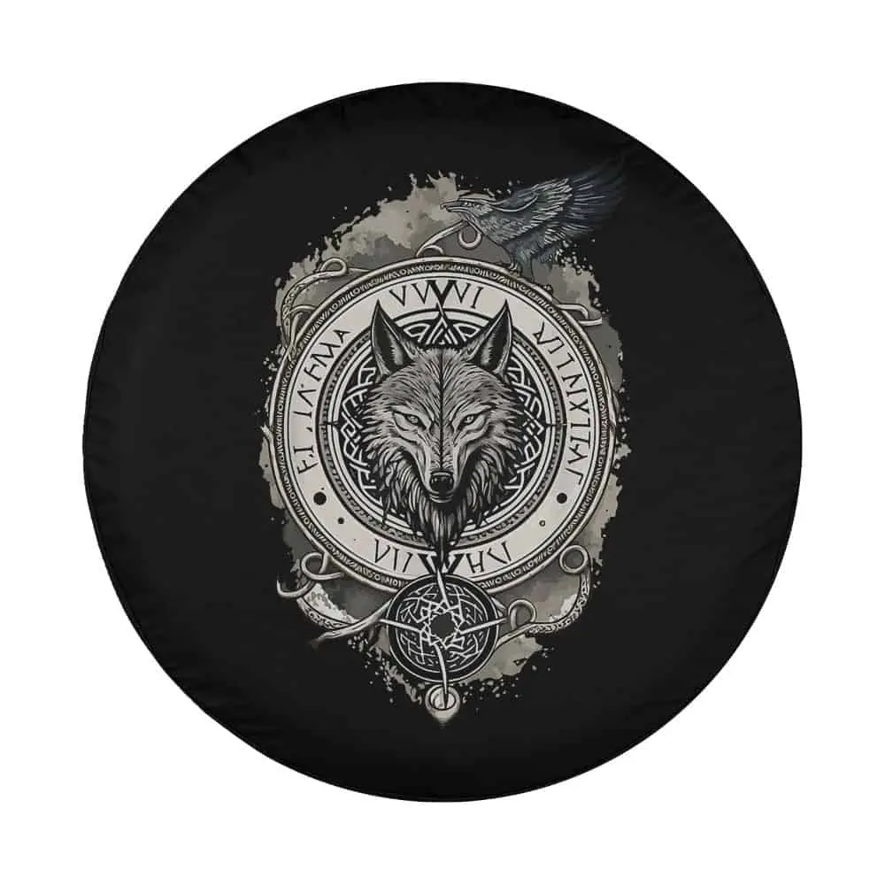 Wolf of Odin Viking design with raven and Nordic compass for spare tire cover