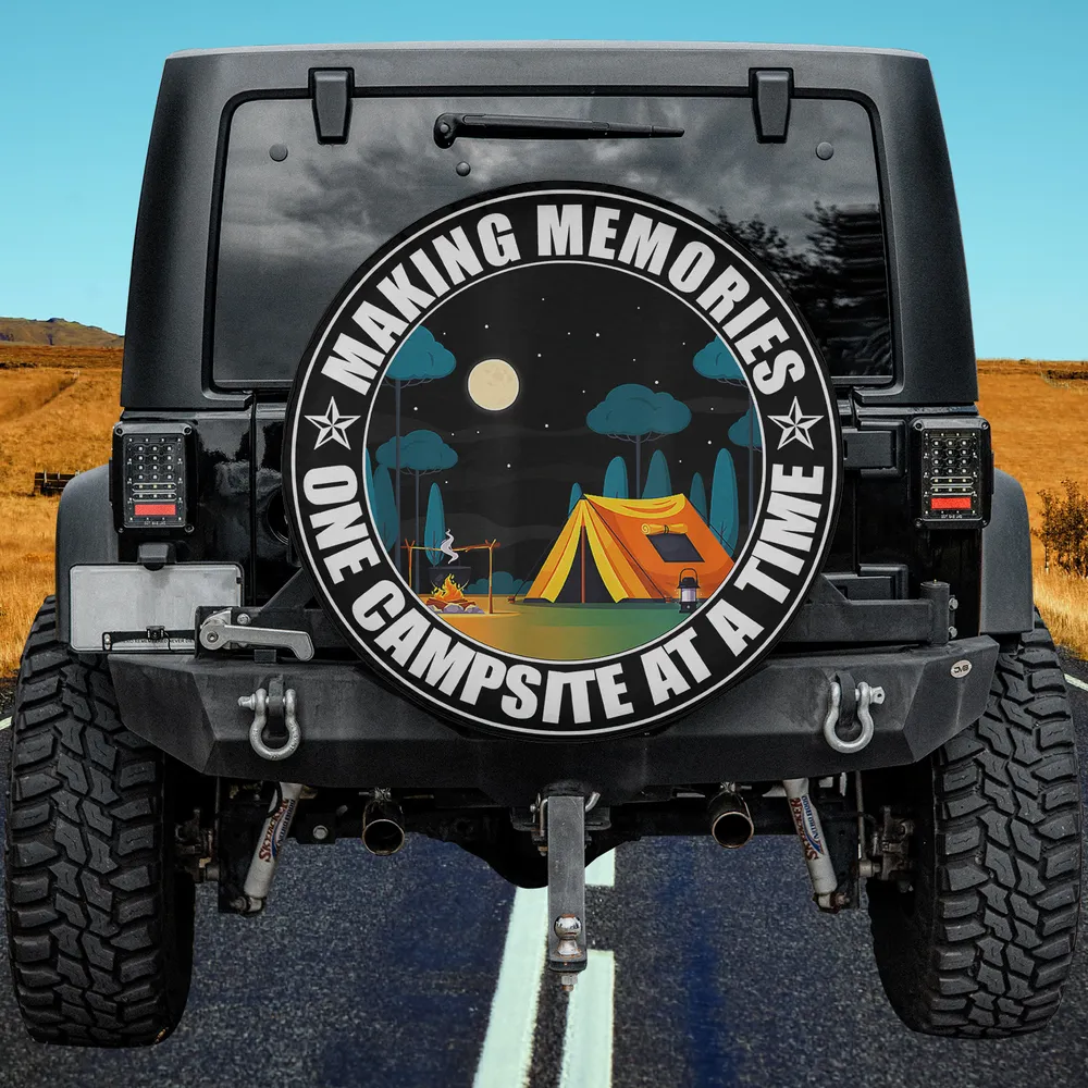 Yellow tent and moonlit campfire camping spare tire cover with no camera hole for Jeep or SUV