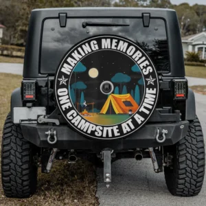 Yellow tent and moonlit campfire camping spare tire cover with camera hole for Jeep Wrangler