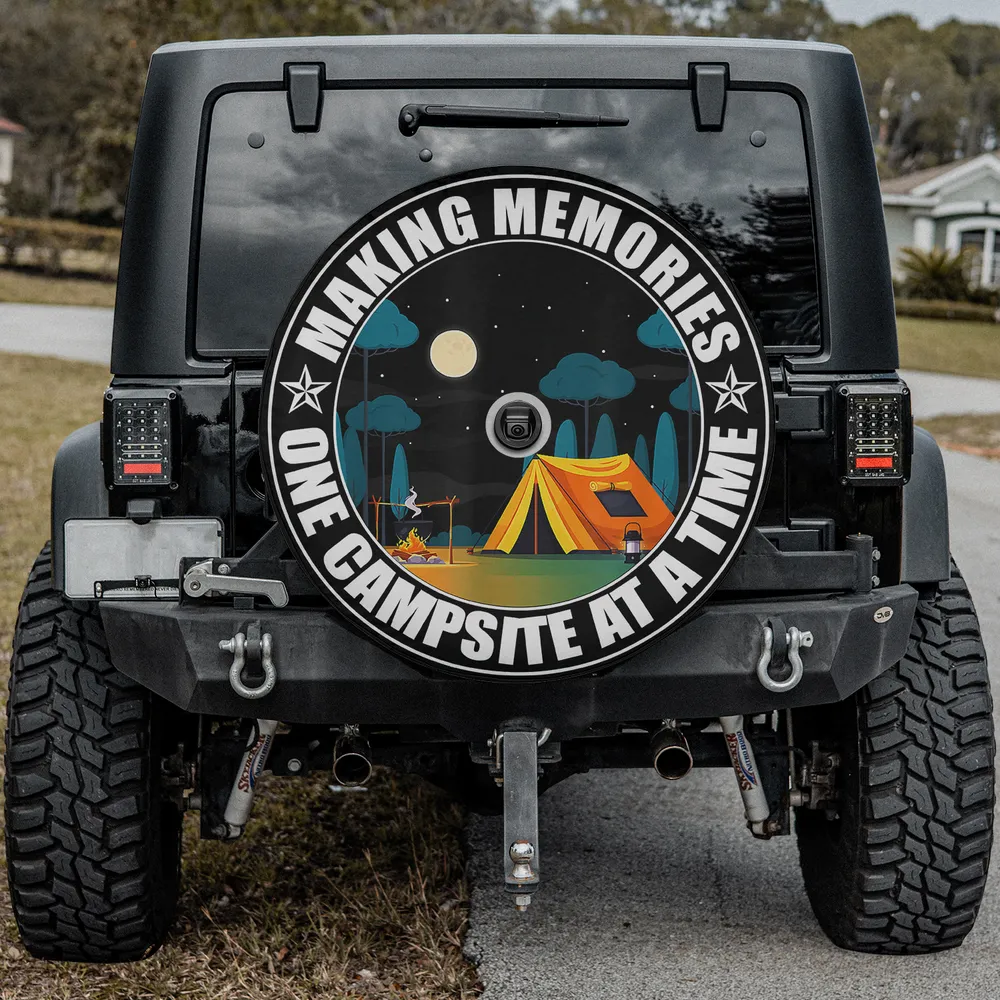 Yellow tent and moonlit campfire camping spare tire cover with camera hole for Jeep Wrangler