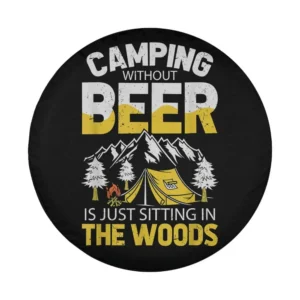 Design of yellow tent and mountain camping beer quote spare tire cover