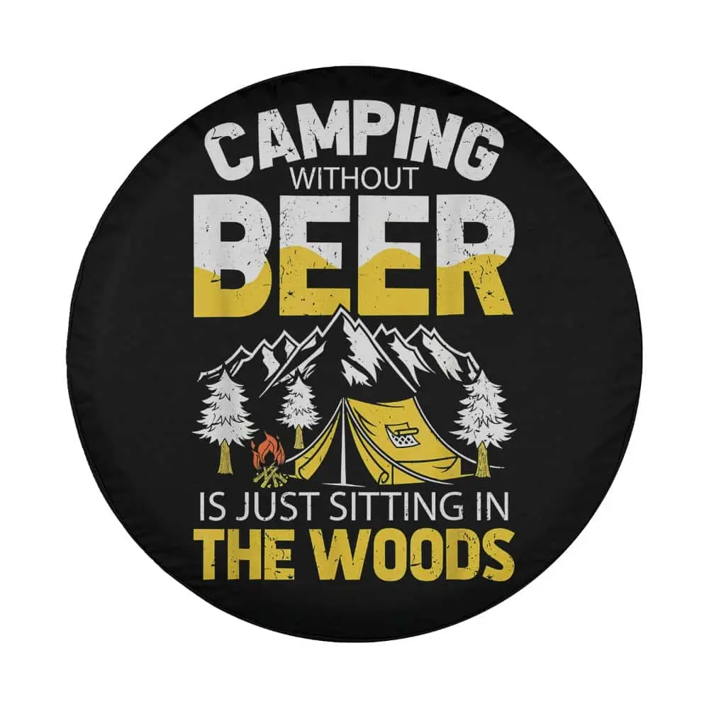 Design of yellow tent and mountain camping beer quote spare tire cover