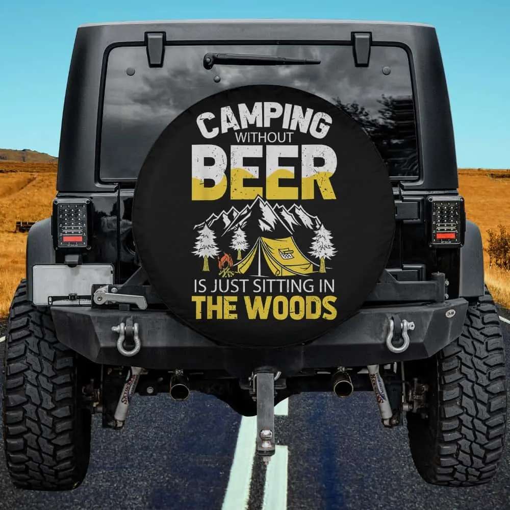 Yellow tent and mountain camping beer quote spare tire cover without camera hole