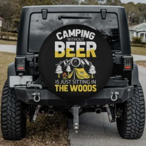 Yellow tent and mountain camping beer quote spare tire cover with camera hole