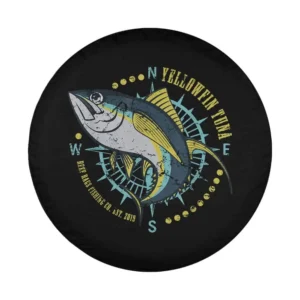 yellowfin tuna compass distressed deep sea fishing design closeup for spare tire cover